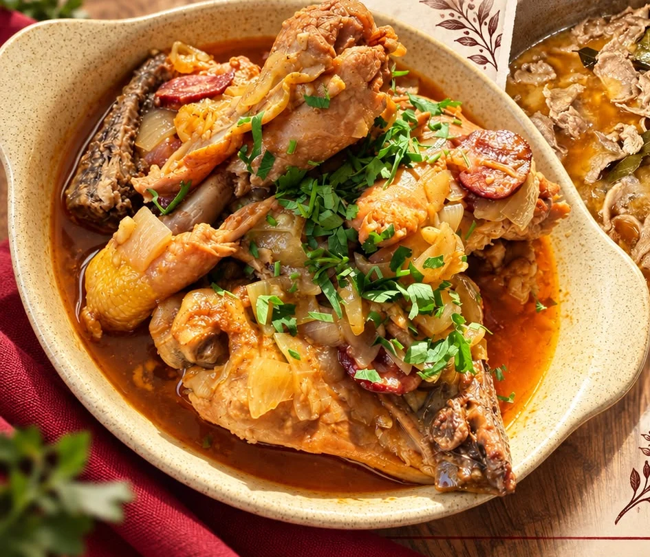Frango da Avó com chouriço, cebola e molho caseiro